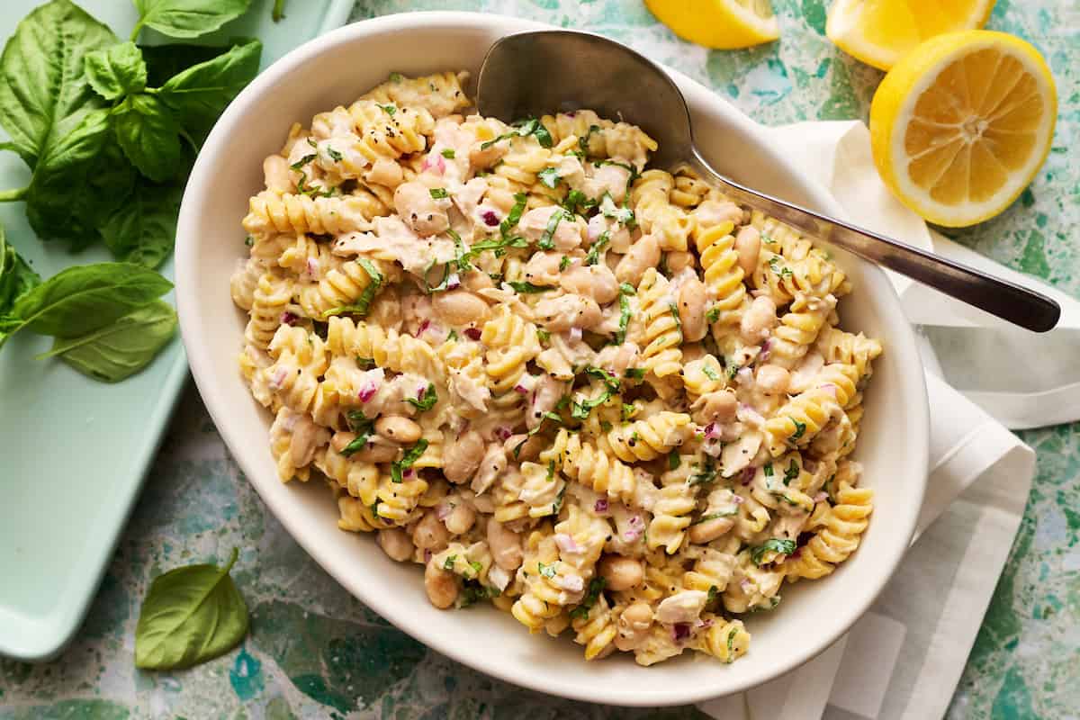 tuna pasta salad in a serving bowl
