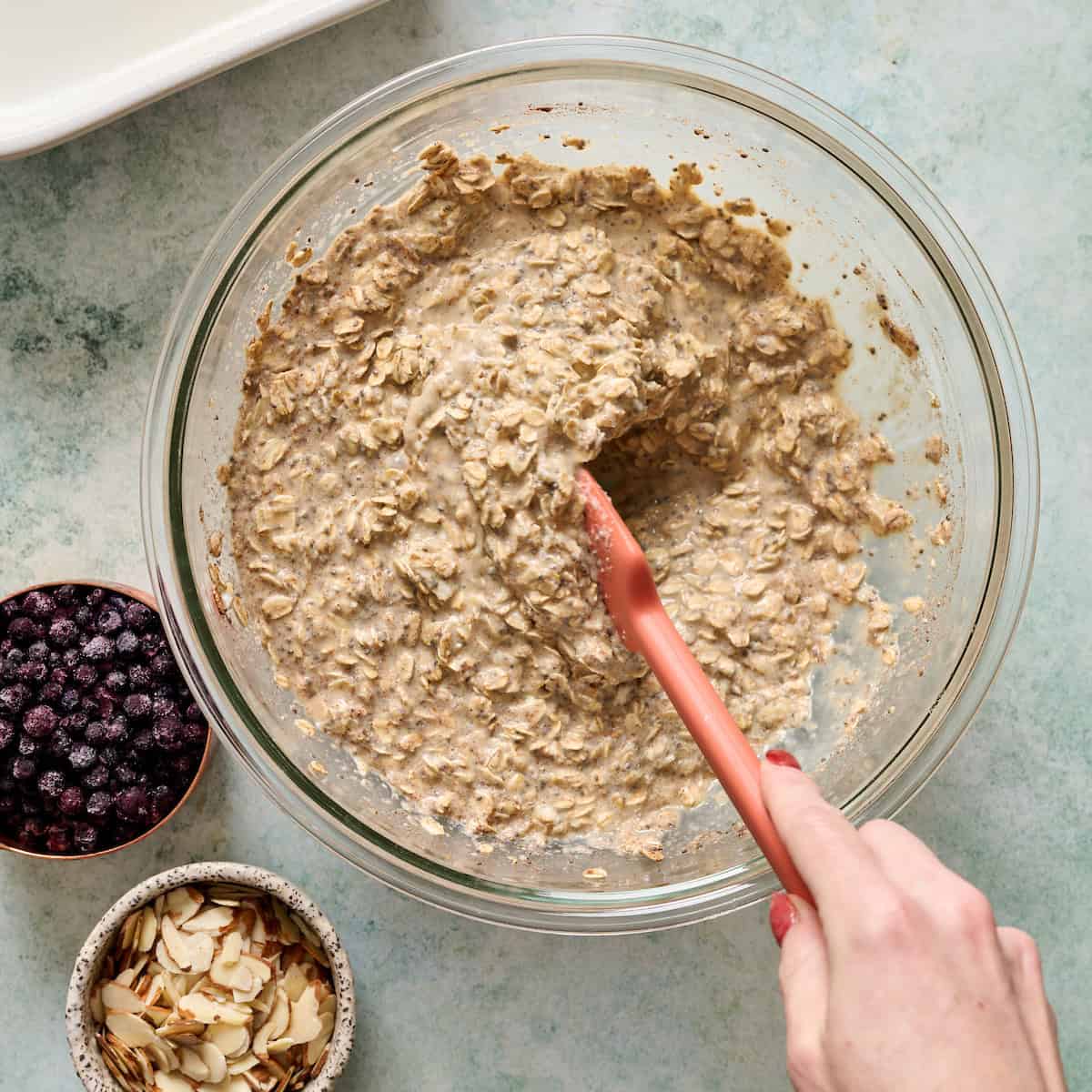 stirring together wet and dry ingredients