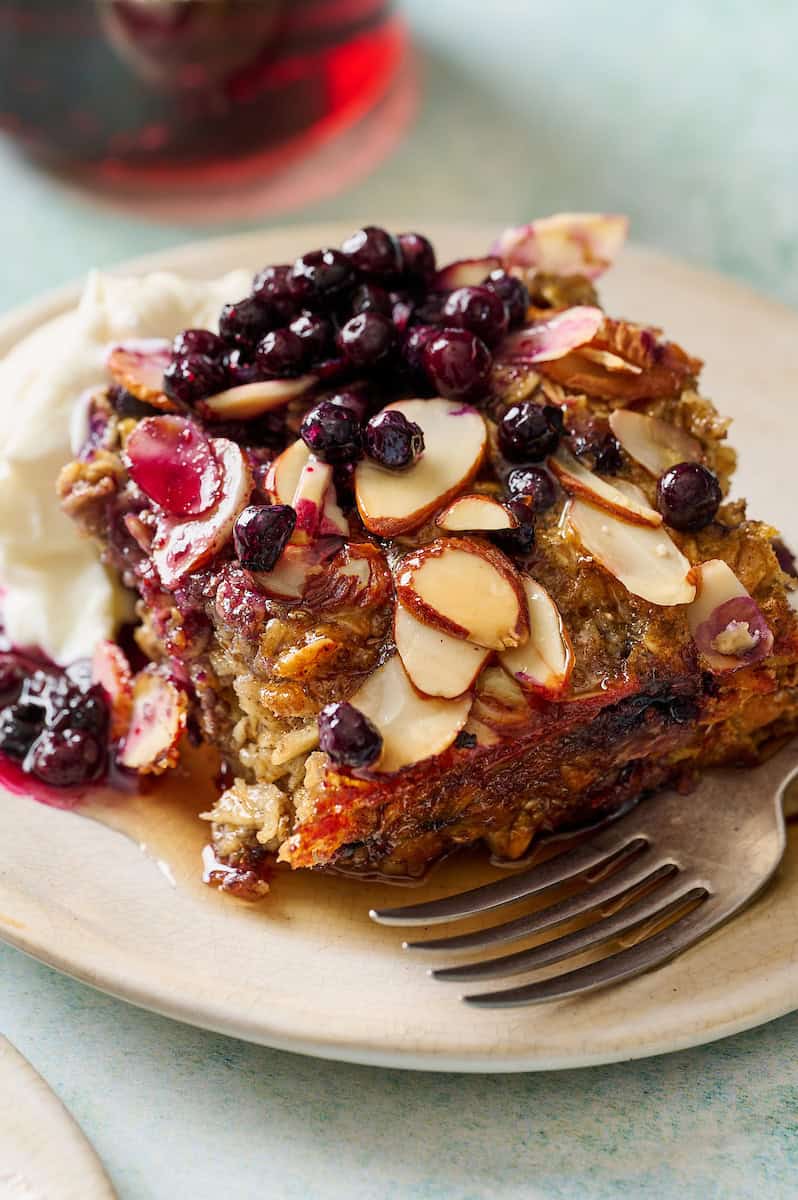 a serving of blueberry baked oatmeal on a plate