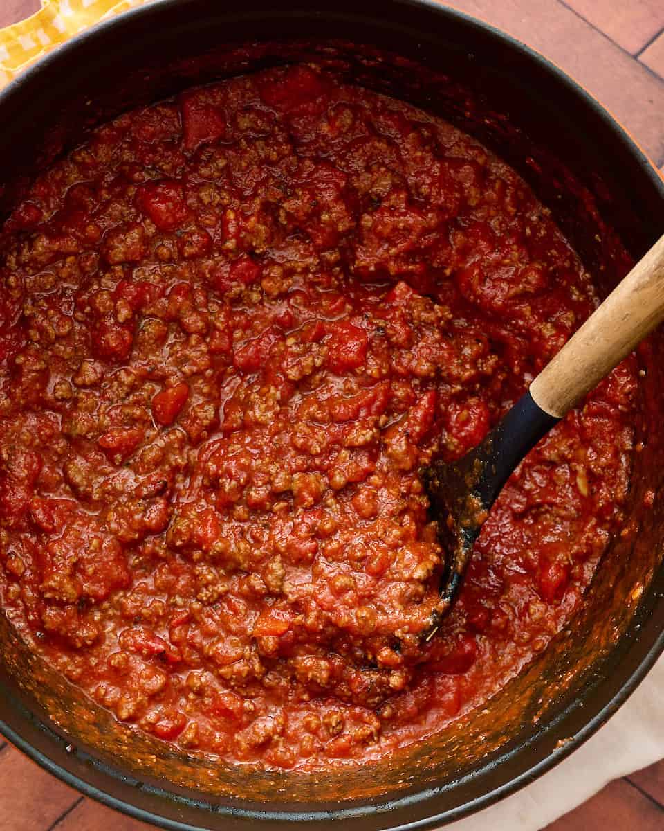 meat sauce ready to ladle into the casserole dish